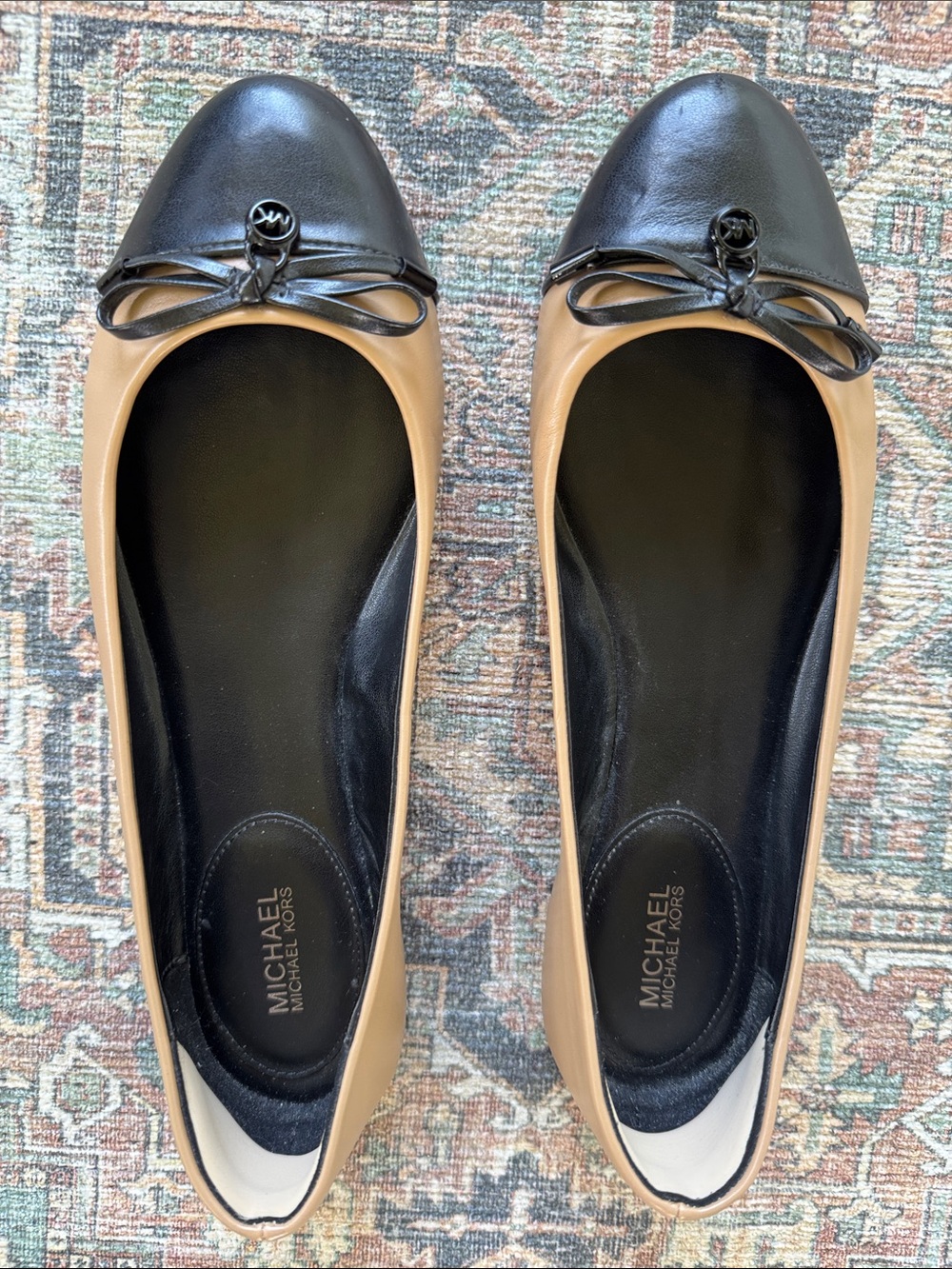 Michael Kors Two-Tone Tan and Black Leather Ballet Flats